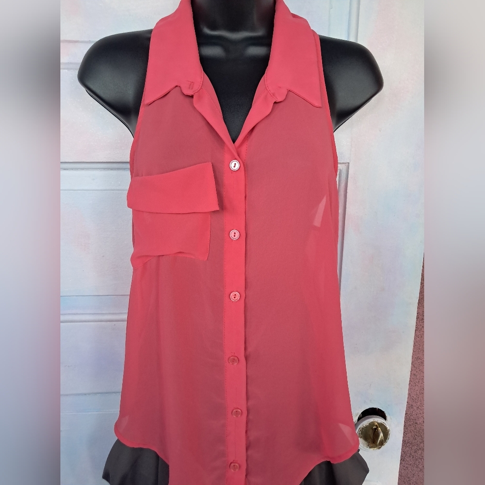 Lush Coral Sheer Racerback Sleeveless Buttonup Blouse! W/ Pocket No Size Tag Euc - Picture 2 of 8